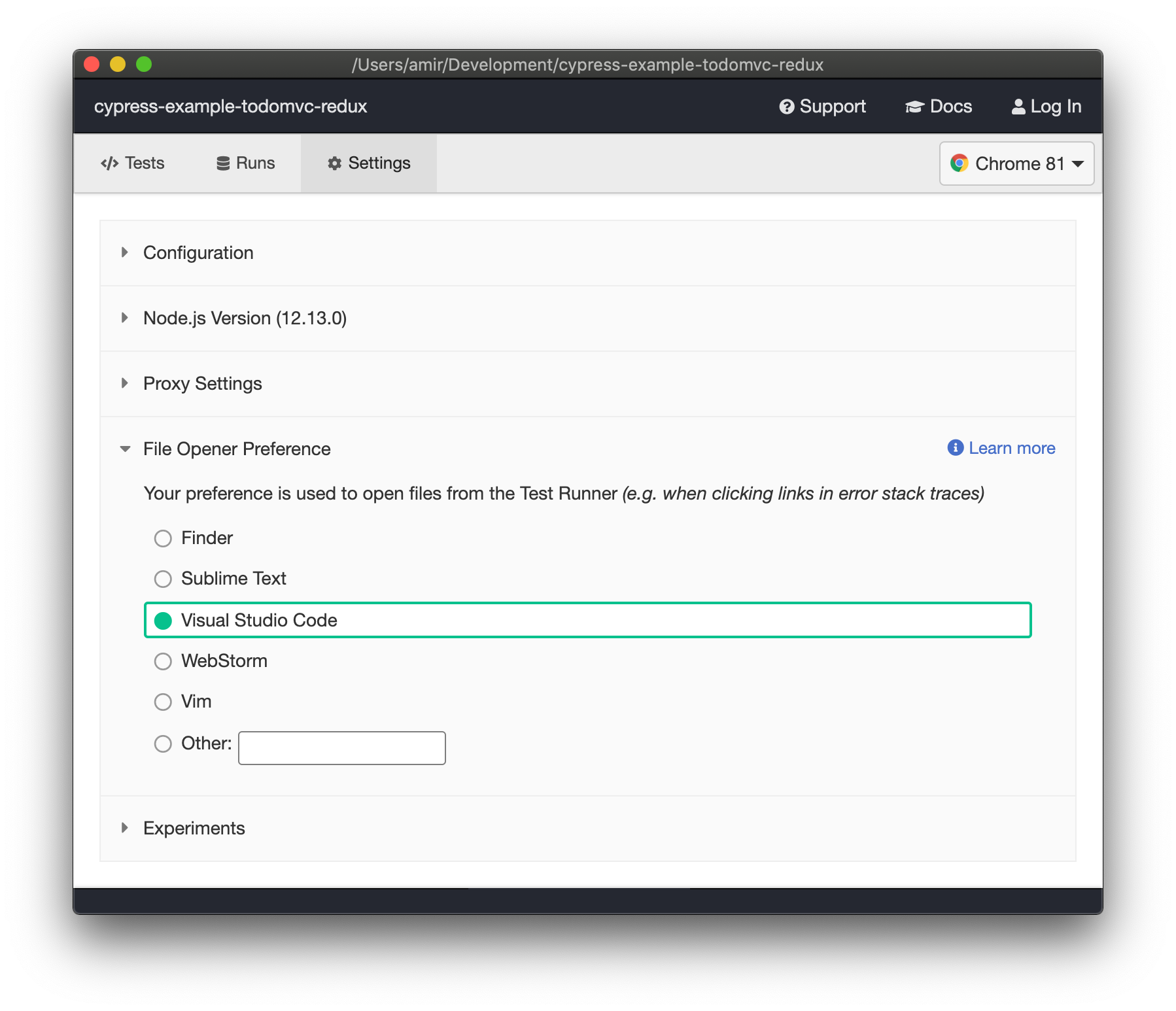 A screenshot of the window that Cypress displays when a user is selecting their preferred file opener for the test runner.