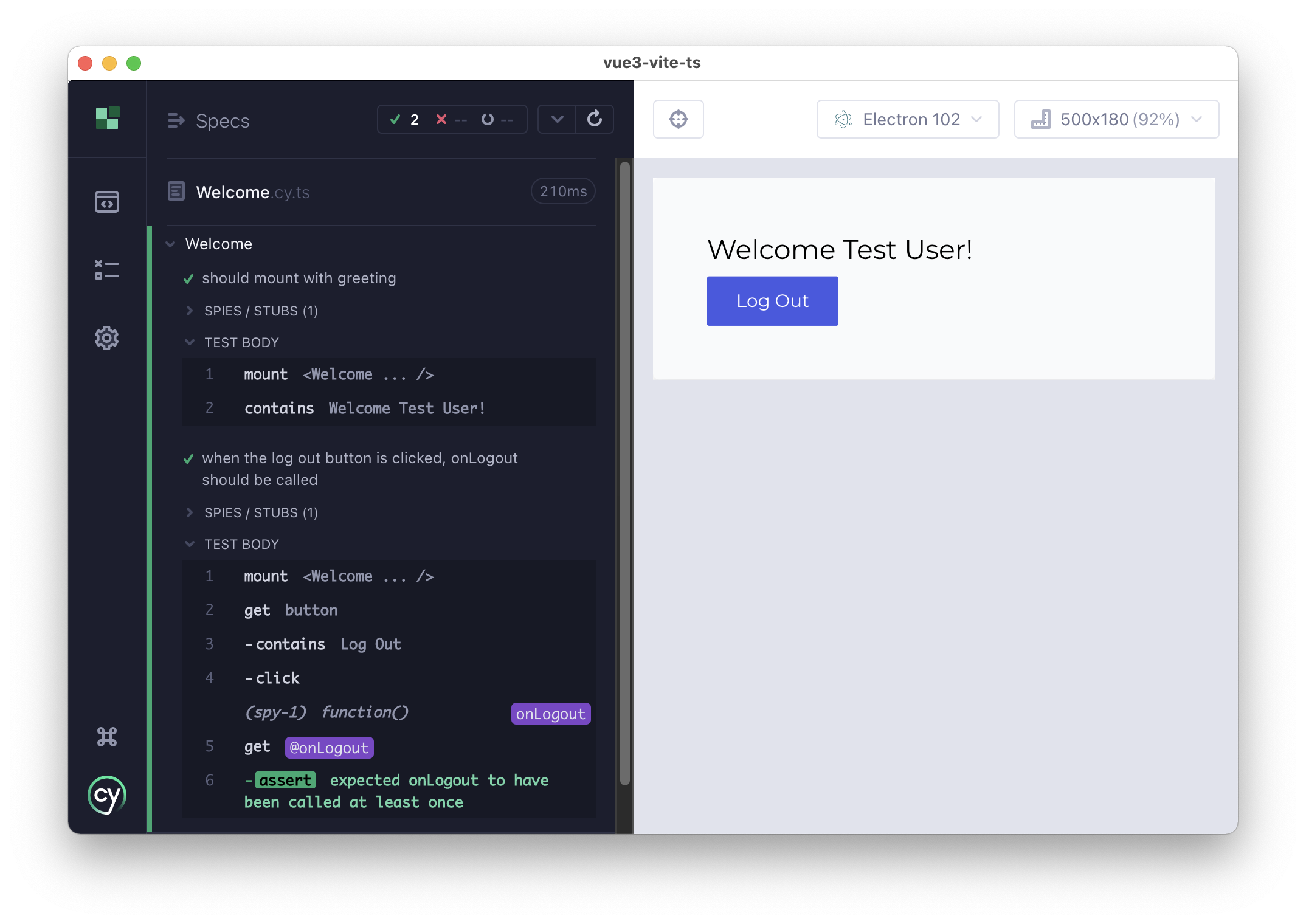 The Cypress Test Runner in the Cypress App. The Spec `Welcome.cy.ts` has run, testing the Welcome Vue component. The component displayed on the right says "Welcome Test User" and has a "Log Out" button. The command log on the left shows that the Greeting appears and that the button emits the expected event when it is clicked.