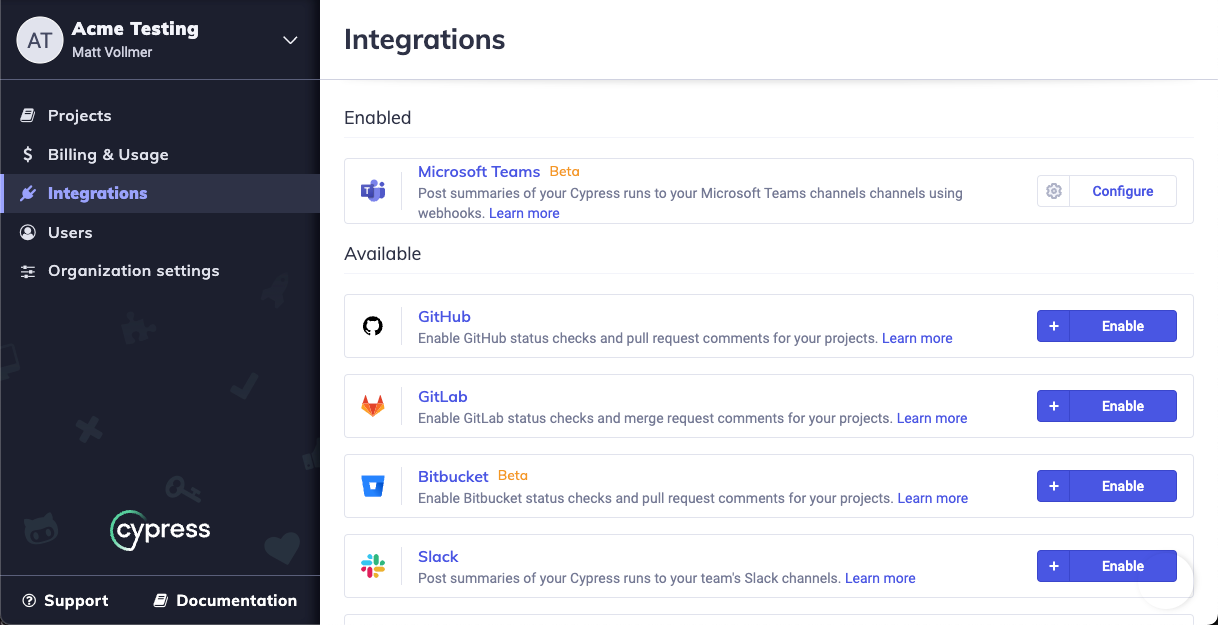 Where to configure Microsoft Teams in Cypress Cloud