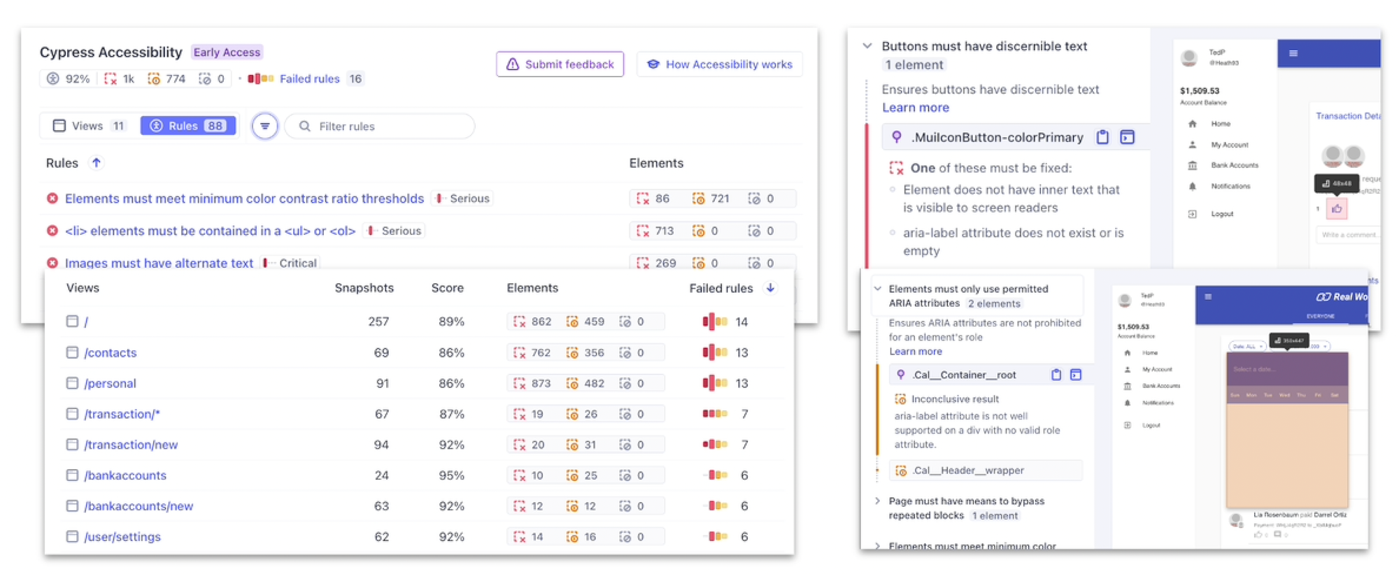 An arrangement of 4 UI screenshots of Cypress Accessibility, showing the Views report, the Rules report, and an example of a violation highlight, plus an incomplete check highlight