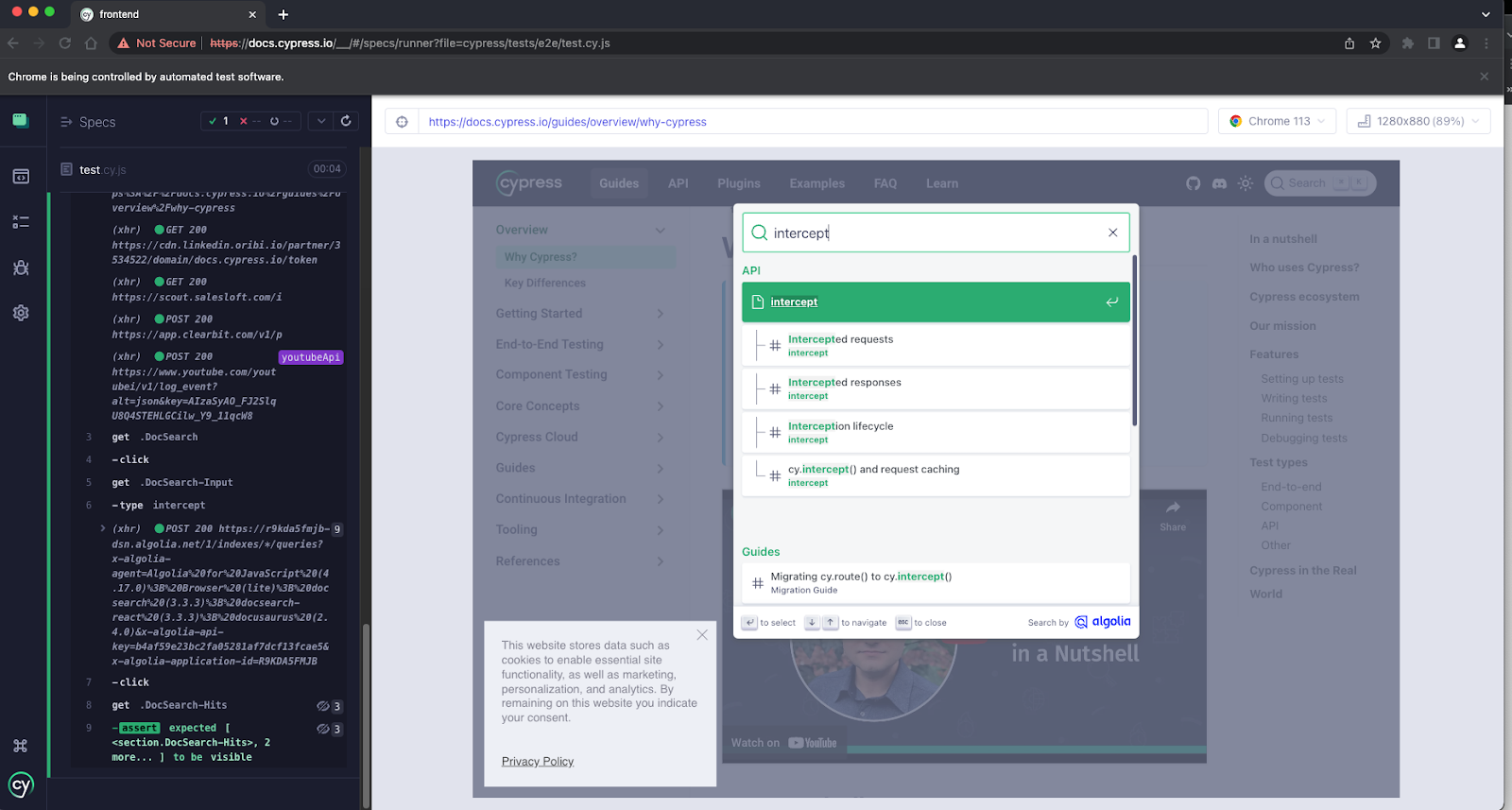 The Cypress UI showing a successful test execution with no failed commands in the command log