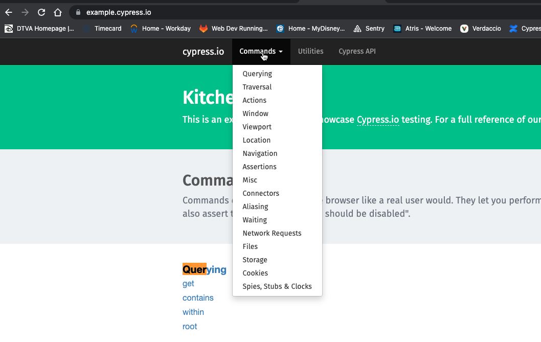 The Cypress example website with a "commands" menu open, listing various types of commands such as querying, traversal, actions and more.