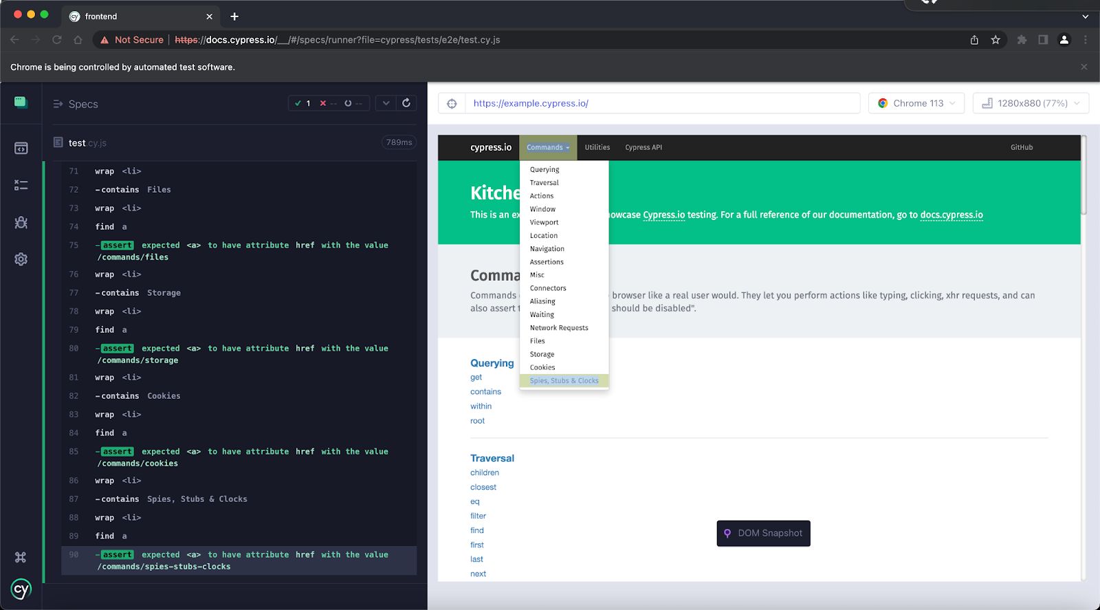 The Cypress UI showing a passing test for the Commands dropdown